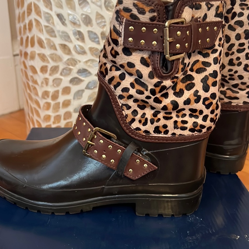 Sperry Top-Sider brown leopard leather and rubber Moro rain boots